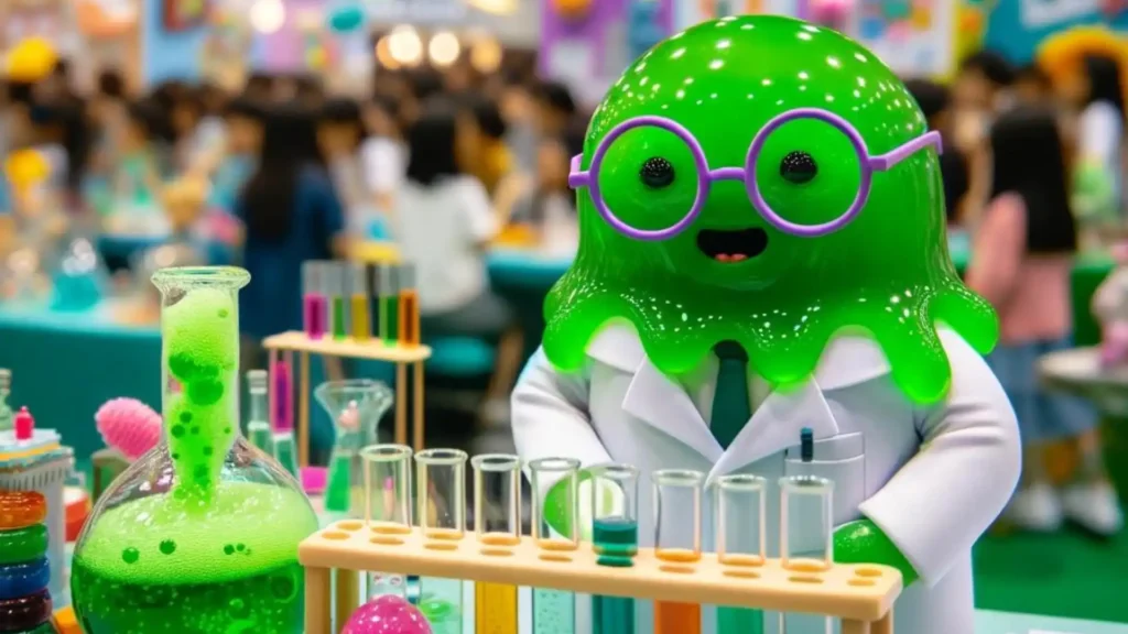 A bright green slime at a science fair, wearing a tiny lab coat and glasses