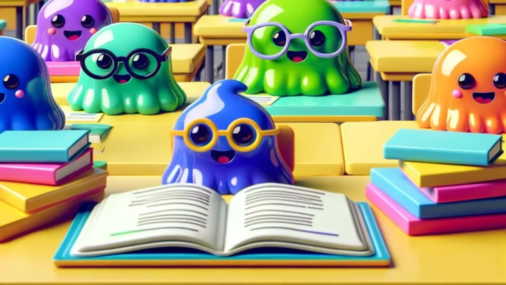 A cheerful, cartoon-style classroom filled with colorful slimes sitting at desks