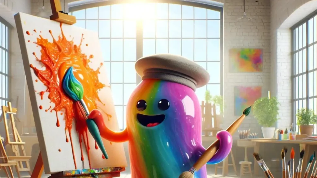 A creative and artsy image of a slime wearing a painter's hat, using its body to spread vibrant paint across a large canvas