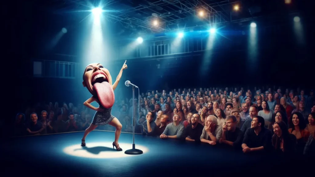 A dynamic stage performance scene featuring Tina the Tongue, a performer known for her unique talent of mimicking musical instruments with her tongue