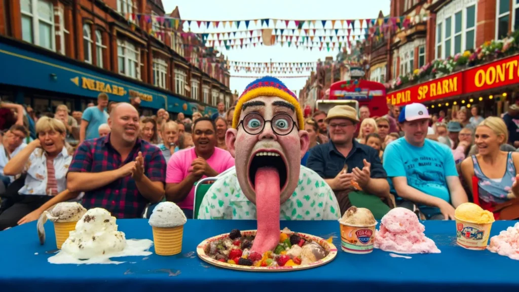 A lively scene at a local fair featuring an ice cream eating contest. 