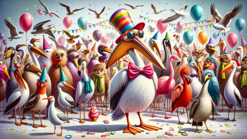 A pelican at a party wearing a silly costume, surrounded by other birds