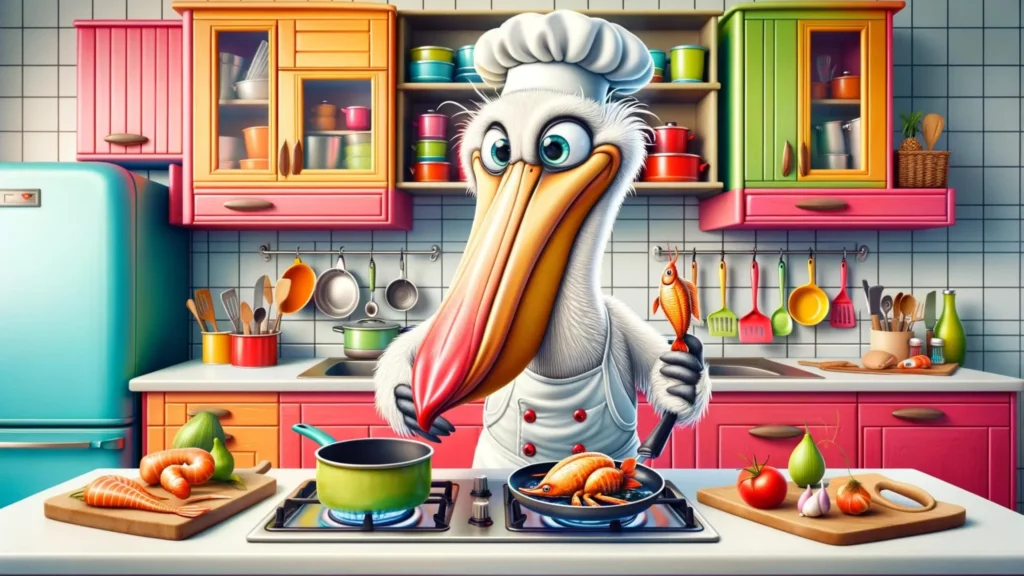 A pelican dressed as a chef, humorously attempting to cook seafood
