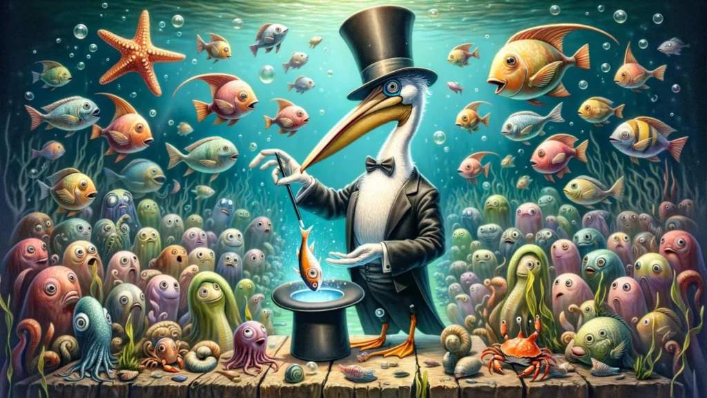 A pelican in a magician's hat, performing a magic trick with a fish