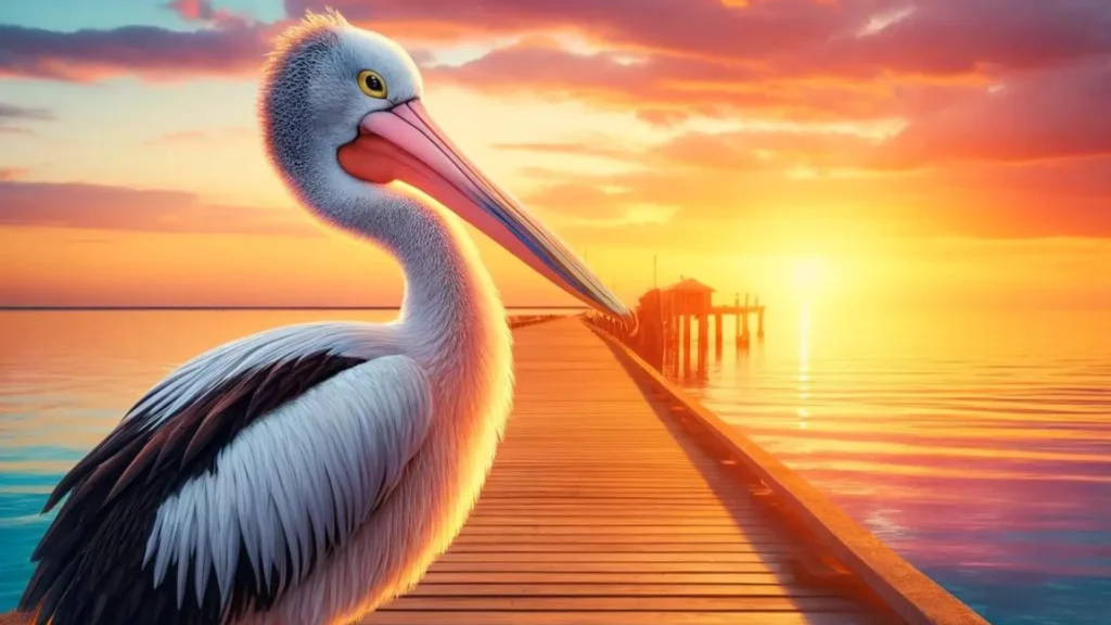 A pelican standing proudly on sunset