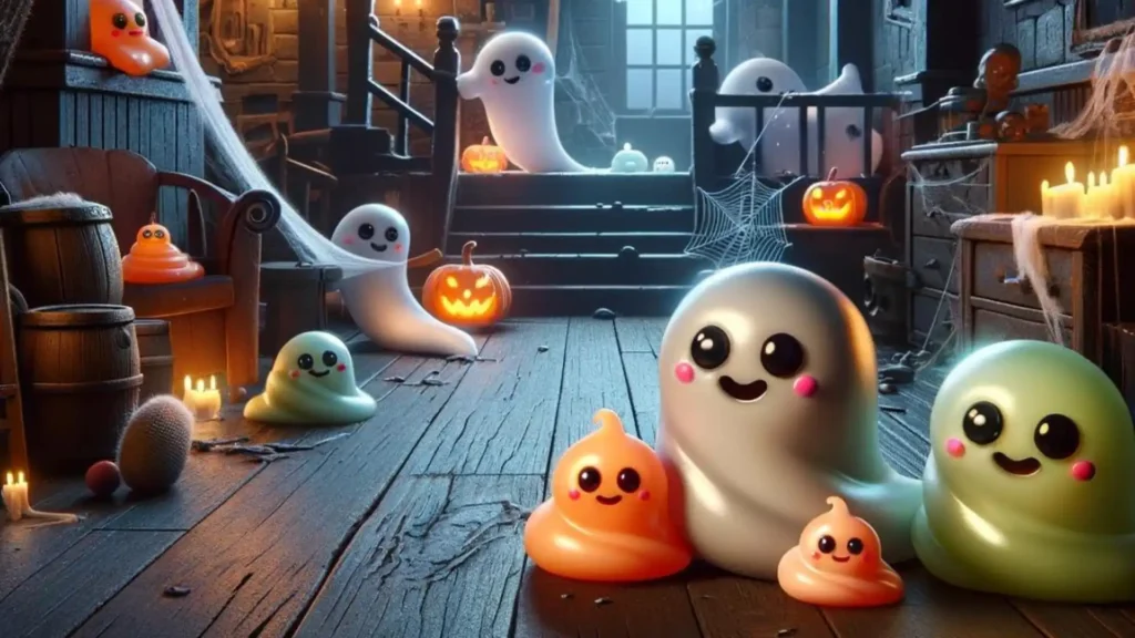 A spooky-themed image featuring slimes in a haunted house. The house is filled with cobwebs, old furniture, and eerie lighting