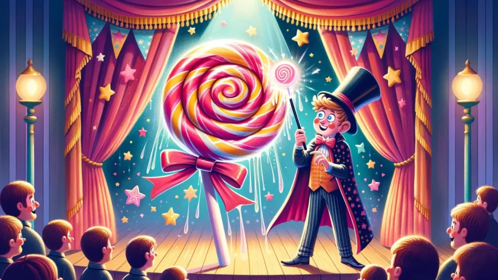 A whimsical magician standing on a stage, his expression a mix of surprise and amusement as he looks at his magic wand which has accidentally transformed