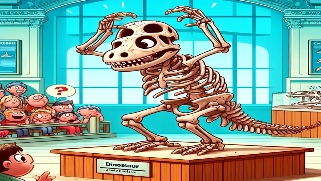 A playful cartoon of a dinosaur skeleton humorously assembling itself in a science museum.