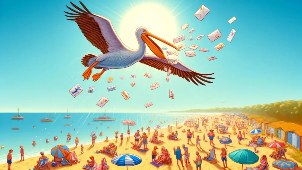 An illustration of a pelican flying over a crowded beach, dropping postcards from its beak
