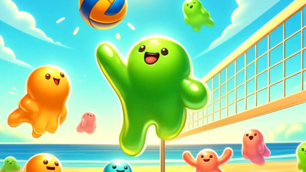 An illustration of vibrant slimes playing volleyball on a sunny beach