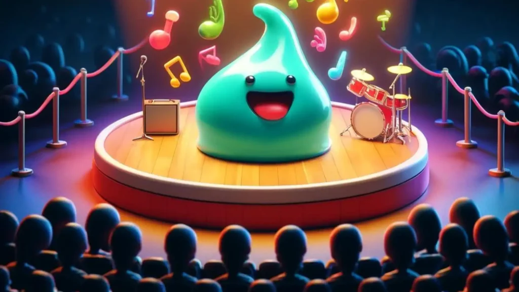 An image depicting a slime on a stage under a spotlight, surrounded by musical notes, as it 'plays' various colorful musical instruments