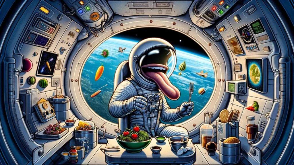 An imaginative depiction of Terry Tongue, a character in a space suit, floating inside a spacecraft and tasting different types of space food. 