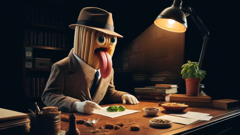 An intriguing detective scene set in an old-fashioned office. The central character, Detective Linguini, is a unique figure with a notably large tongue