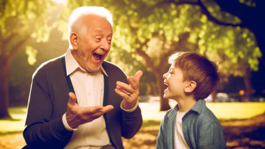 An outdoor scene depicting an elderly man and a young boy, both laughing as the wind blows around them. The grandfather is animatedly telling a story.