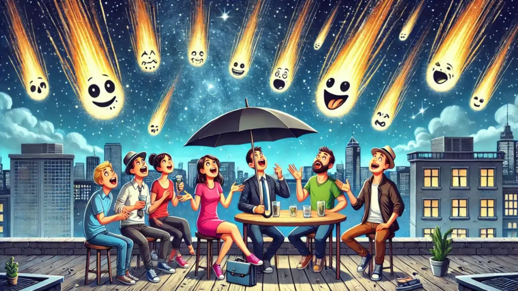 Friends watching a meteor shower from a rooftop with meteors showing funny faces, and one meteor holding an umbrella.