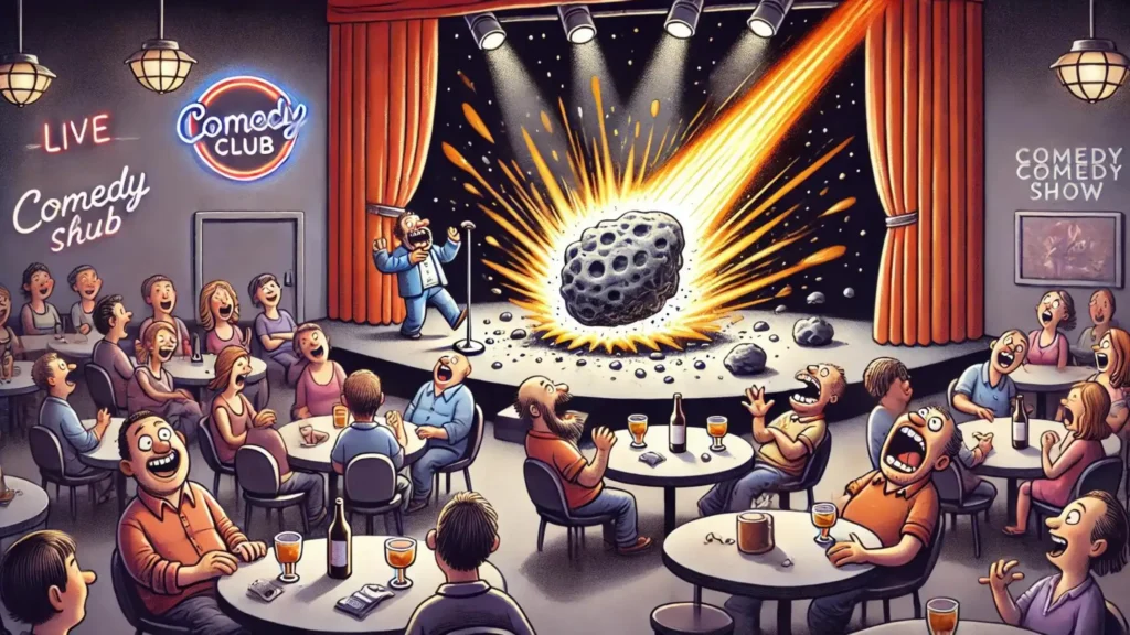 A meteor crashing through a comedy stage during a stand-up show, taking the spotlight and causing chaos.