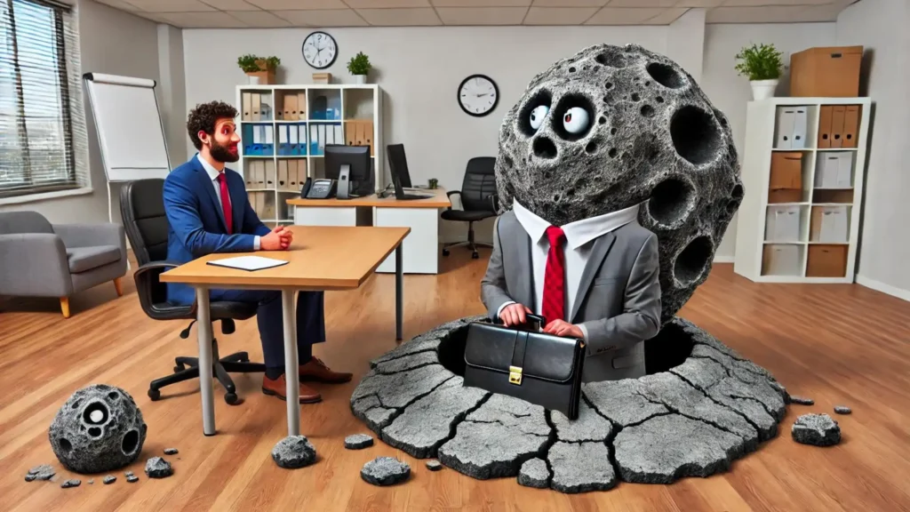 A meteor in a corporate job interview, sitting with a briefcase and tie in front of a shocked interviewer.