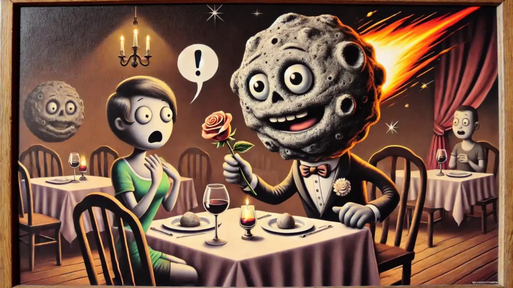 A funny date scene with a meteor wearing a bow tie, holding a rose, and surprising a person at a romantic table.