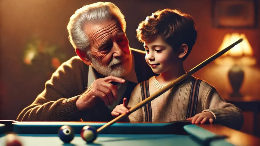 Elderly Man Teaching Young Boy to Play Pool