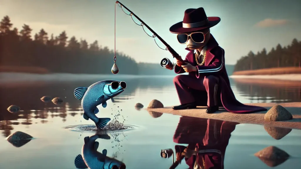 A pimp fishing with a gold chain as bait, and a fish wearing sunglasses jumping towards it.