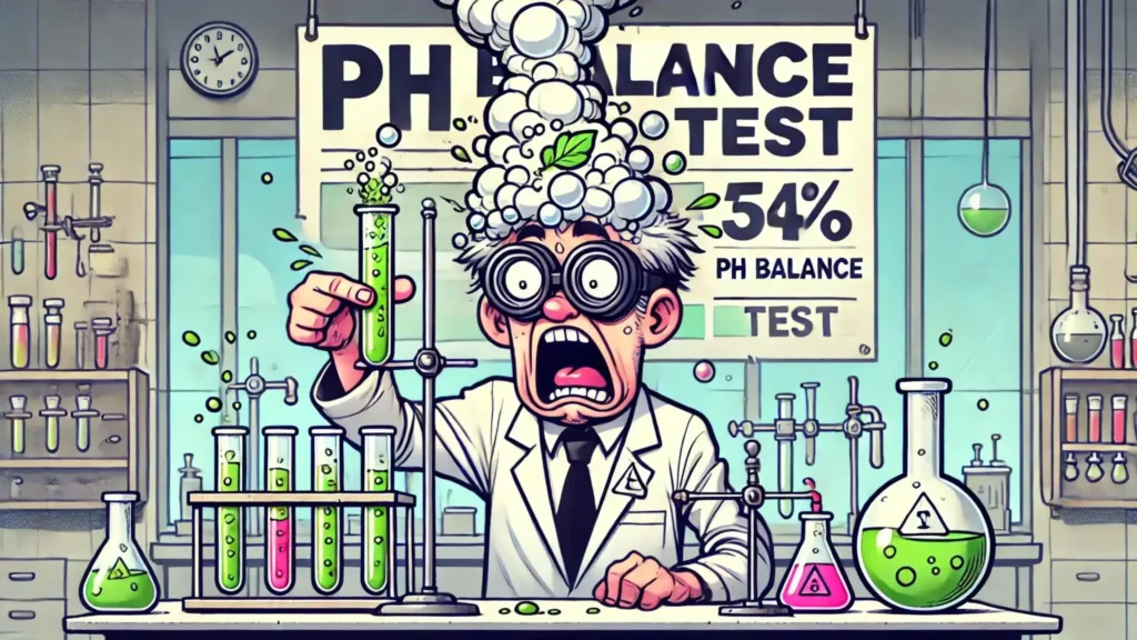 Illustration of a scientist messing up a ph balance test with a comical explosion.