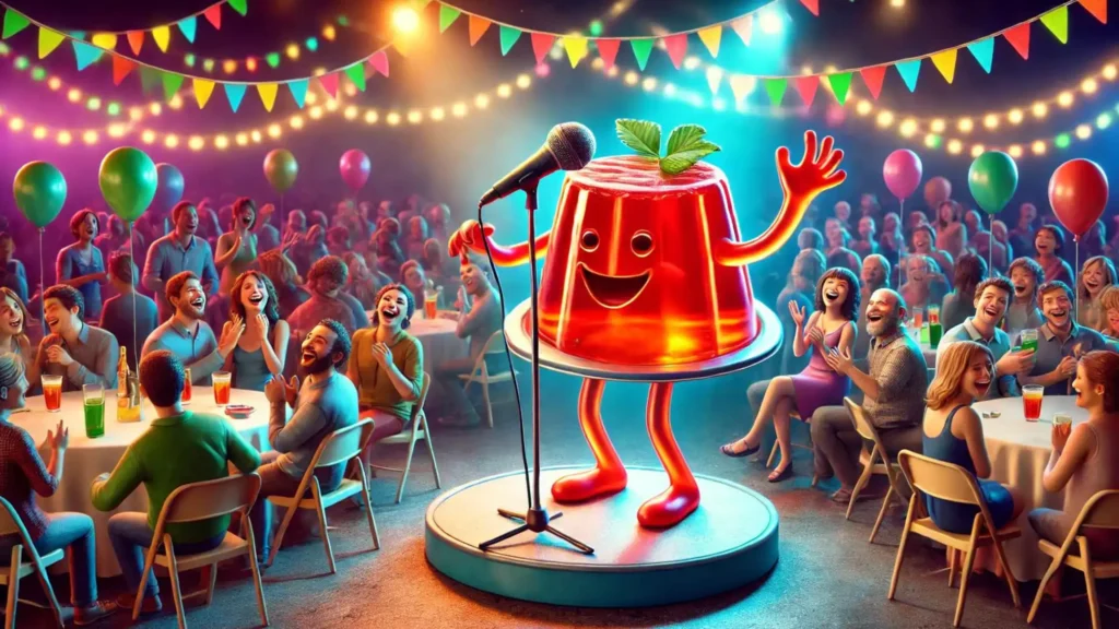 A hilarious animated jello performing stand-up comedy in front of a laughing crowd at a party.
