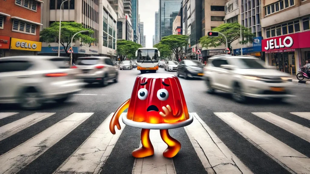 A funny jello bowl standing at a crosswalk, nervously wobbling and unsure about crossing the road with traffic speeding by.