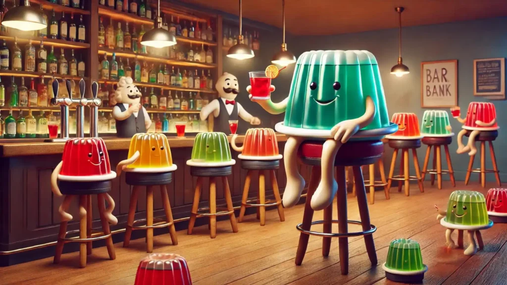 A humorous scene at a bar with jello bowls enjoying drinks, with a whipped cream bartender serving them.
