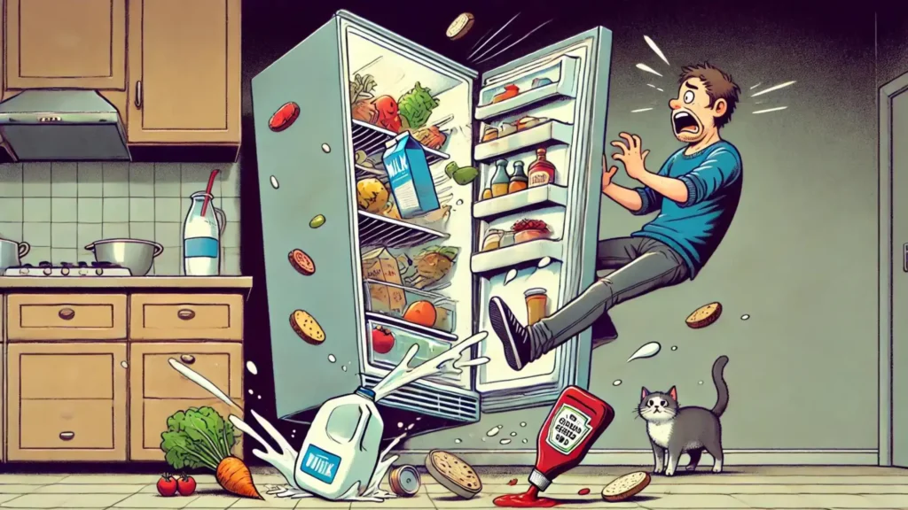 A fridge leaning forward with food spilling out and a panicked person trying to catch it.