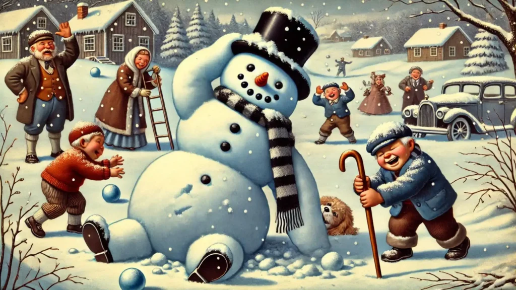 A leaning snowman with a cane and an uneven face, while children laugh in the background.