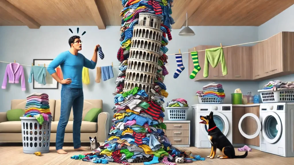 A large leaning pile of laundry resembling the Leaning Tower of Pisa, about to collapse, with a nervous person holding a sock.