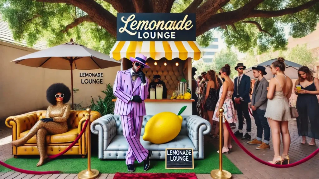 A pimp-themed lemonade stand named 'Lemonade Lounge,' featuring a velvet rope and people in fancy outfits waiting in line.