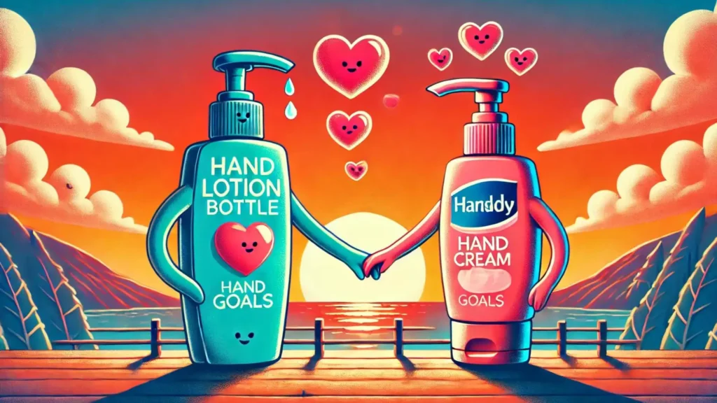 Cartoon hand lotion and hand cream bottle holding hands watching the sunset, symbolizing a humorous romantic relationship.