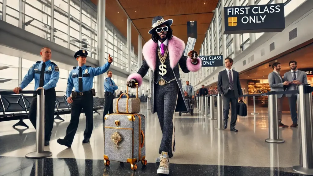 A pimp with a flashy suitcase and a 'First Class Only' ticket walking confidently through airport security.