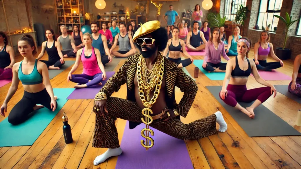 A pimp with a gold chain doing a yoga pose in a class, while people around him look surprised and amused.