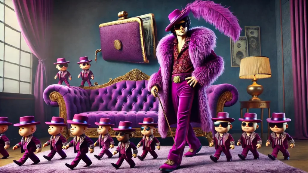 A pimp in a purple suit with a feathered hat, followed by a mini entourage of wallet and tiny pimps.