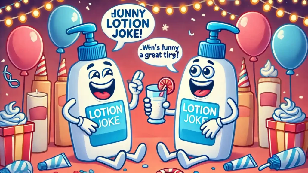 Two lotion bottles having a conversation at a party, sharing jokes and laughing.