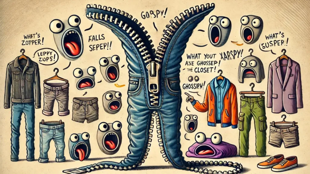 An animated zipper gossiping loudly in a closet while other clothes look surprised.