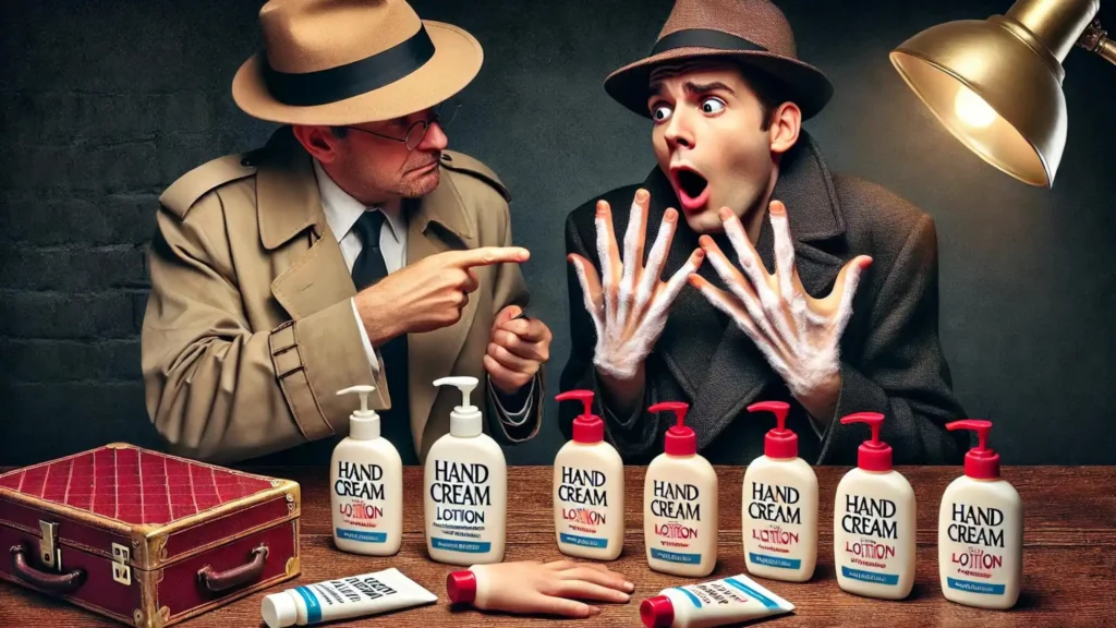 A detective accuses someone of stealing lotion, with the thief's suspiciously soft hands being the key evidence.