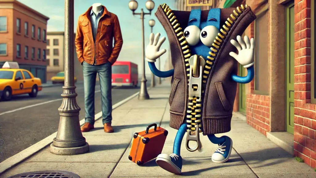 A zipper walking away with a tiny suitcase, leaving a puzzled jacket behind.