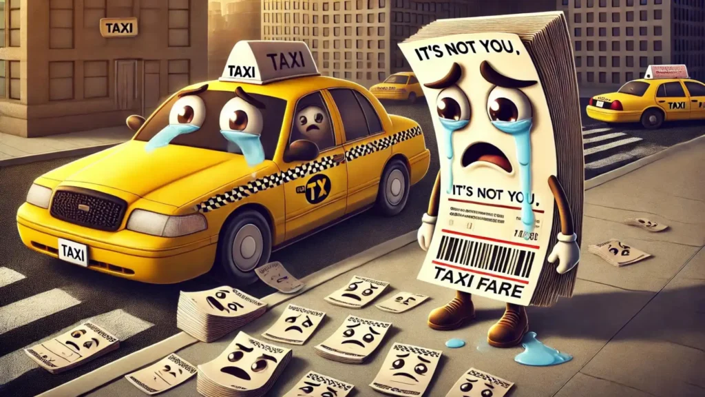 Taxi fare character dramatically breaking up with a taxi, tearful fare tickets.
