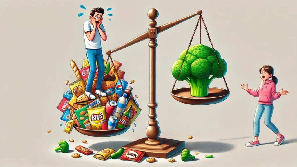 Cartoon of a person struggling to balance snacks and broccoli on a tipping scale.