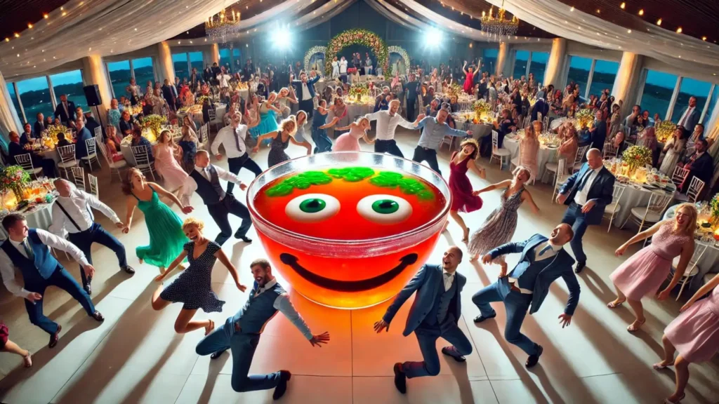 Guests at a wedding copying a bowl of jello's wobbly dance moves in a funny, energetic scene.