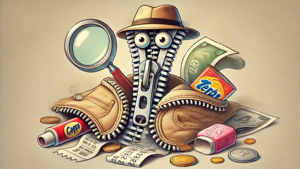 A zipper dressed as a detective guarding a pocket filled with secret items.