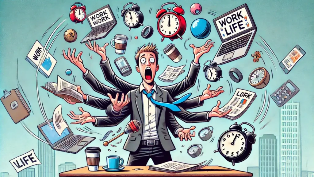 Illustration of a person juggling work, life, and random objects with a panicked face.