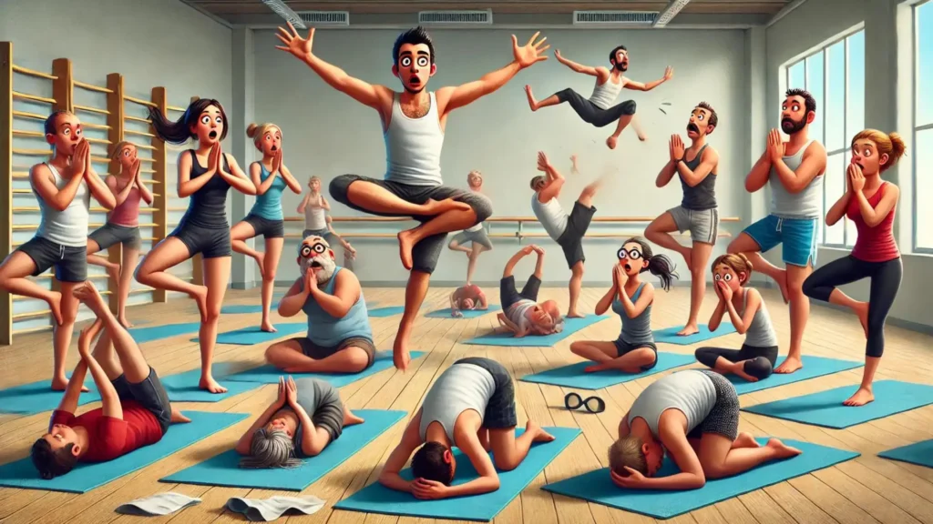 Funny cartoon of a person losing balance in a yoga class, causing a domino effect.