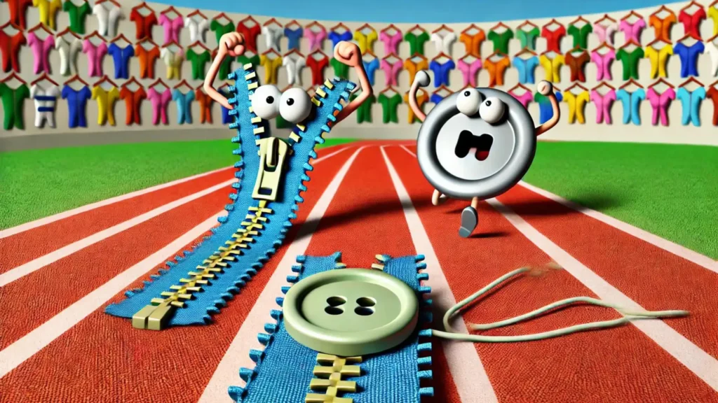 A zipper caught on a loose thread during a race with a button, with clothes cheering in the stands.