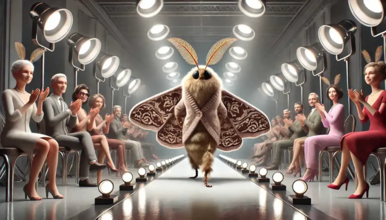 Moth jokes and puns - A moth modeling a cashmere sweater on a runway under bright lights with an audience of moths.
