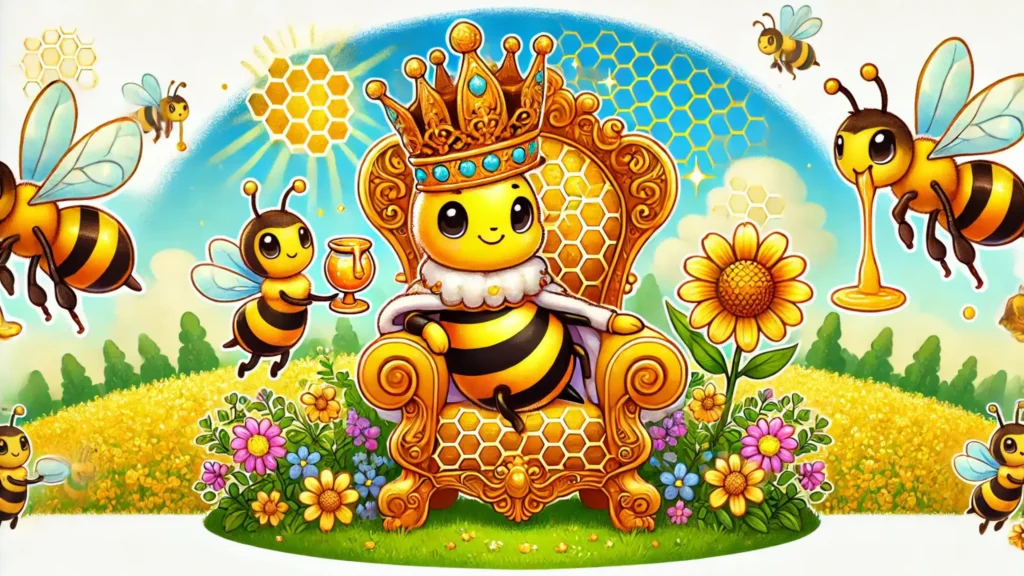 A funny cartoon bee with a crown sitting on a throne in a honeycomb kingdom surrounded by flowers.