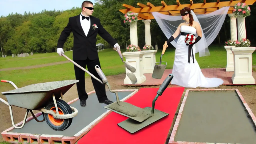 A humorous wedding scene with a concrete finisher smoothing a red carpet for his bride at a cement-themed ceremony.